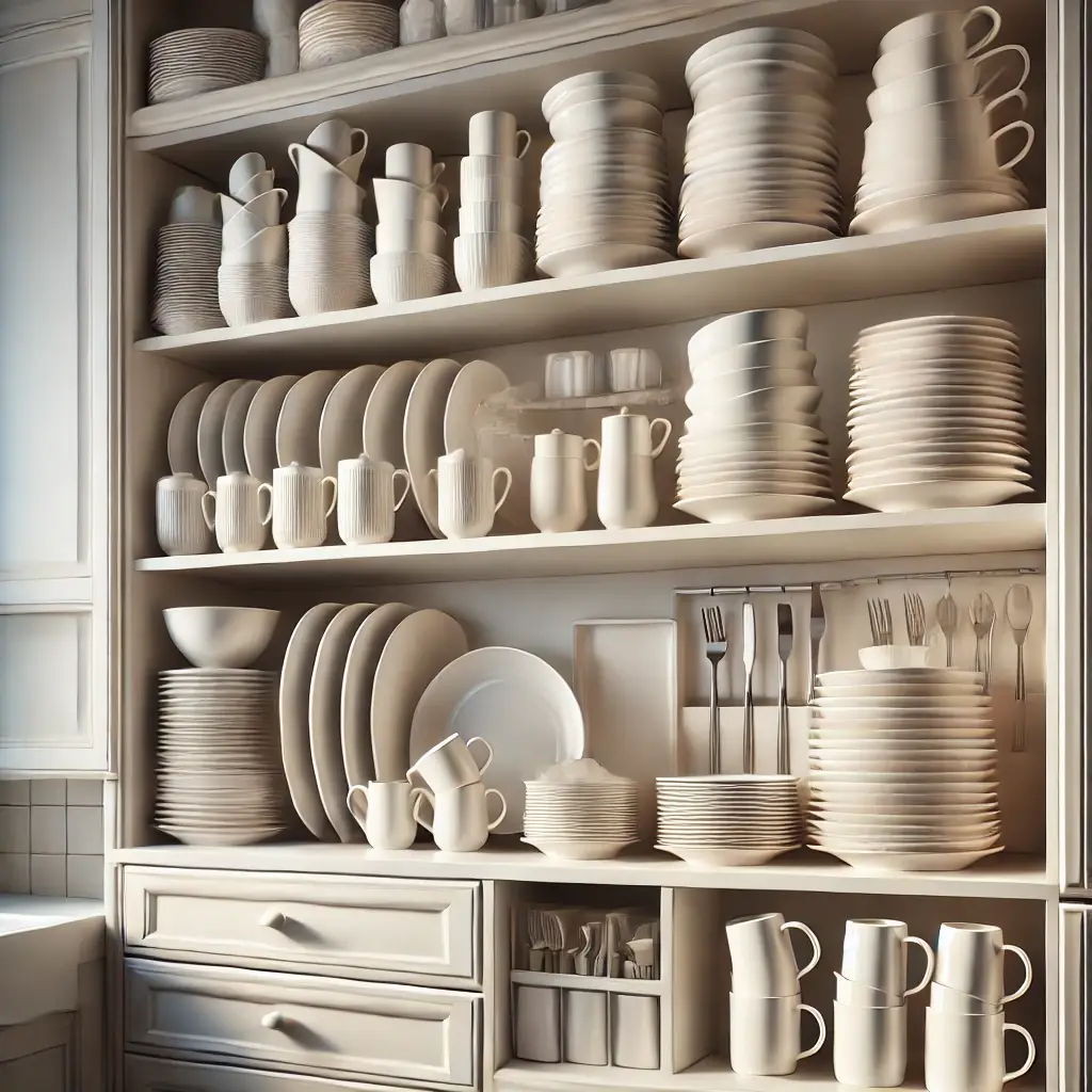 organized kitchen cabinet with matching white dishes 