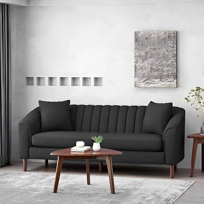 Black sofa in living room, table on the carpet