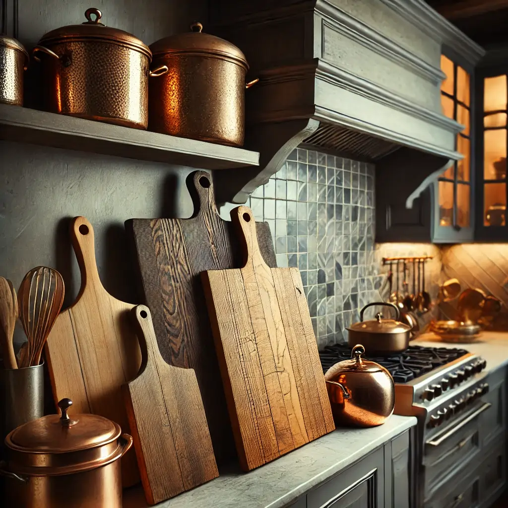 Vintage breadboards and copper pots displayed on a kitchen 