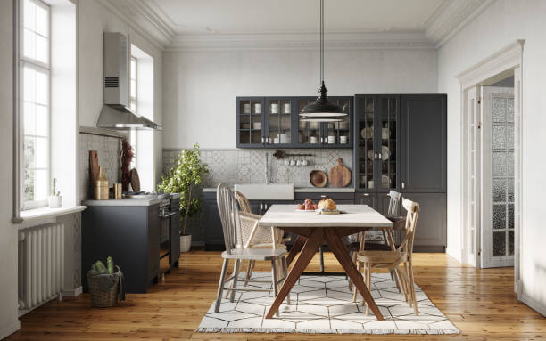 Dining room area rug with wooden table and chairs