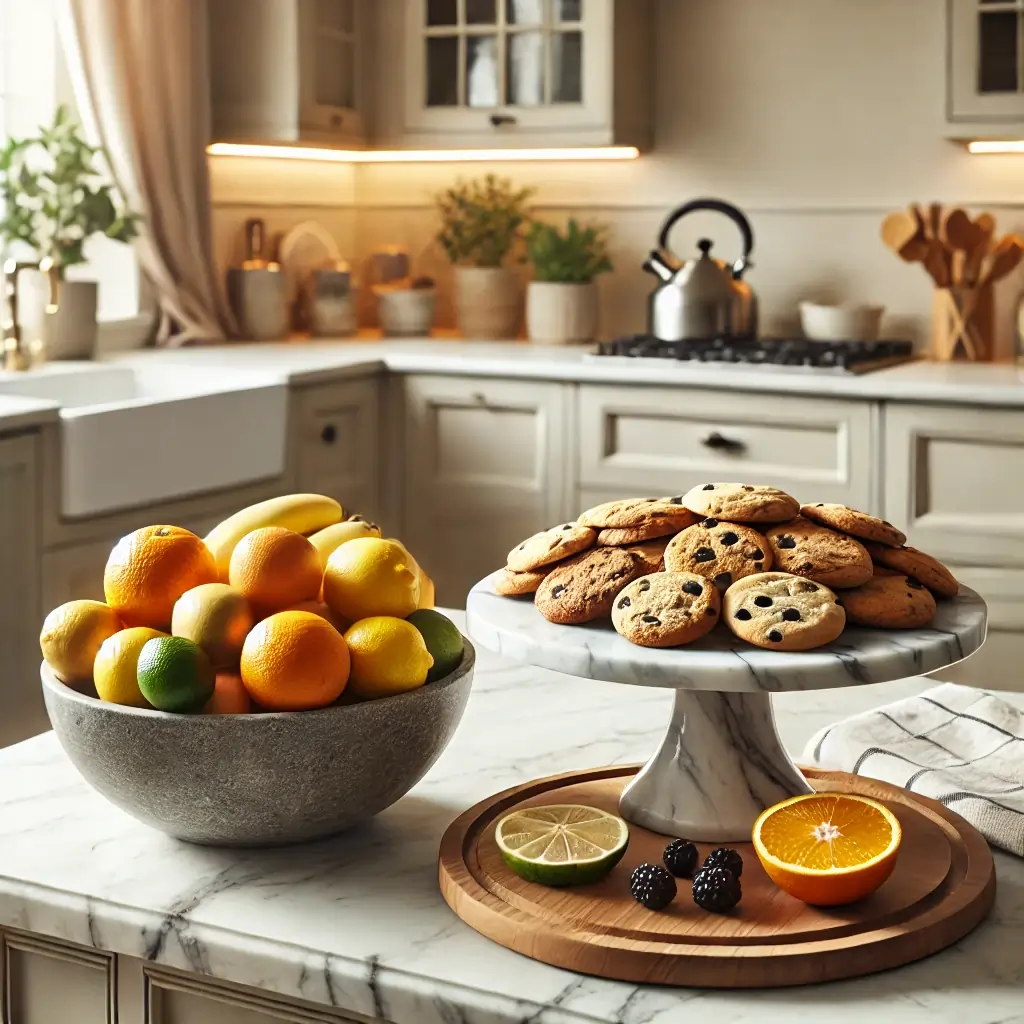 Marble kitchen stand with treats and a bowl of fresh fruit