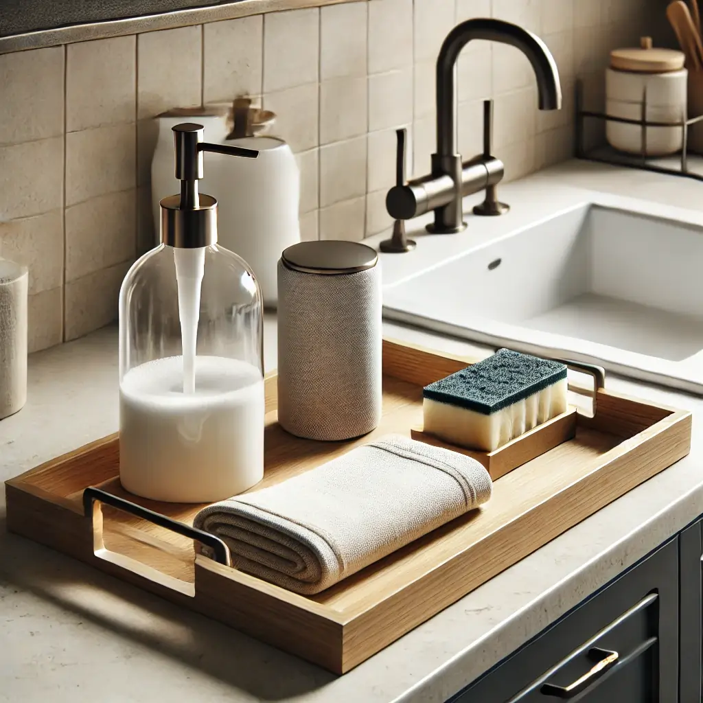  A tray holding a soap dispenser, sponge, and hand towel