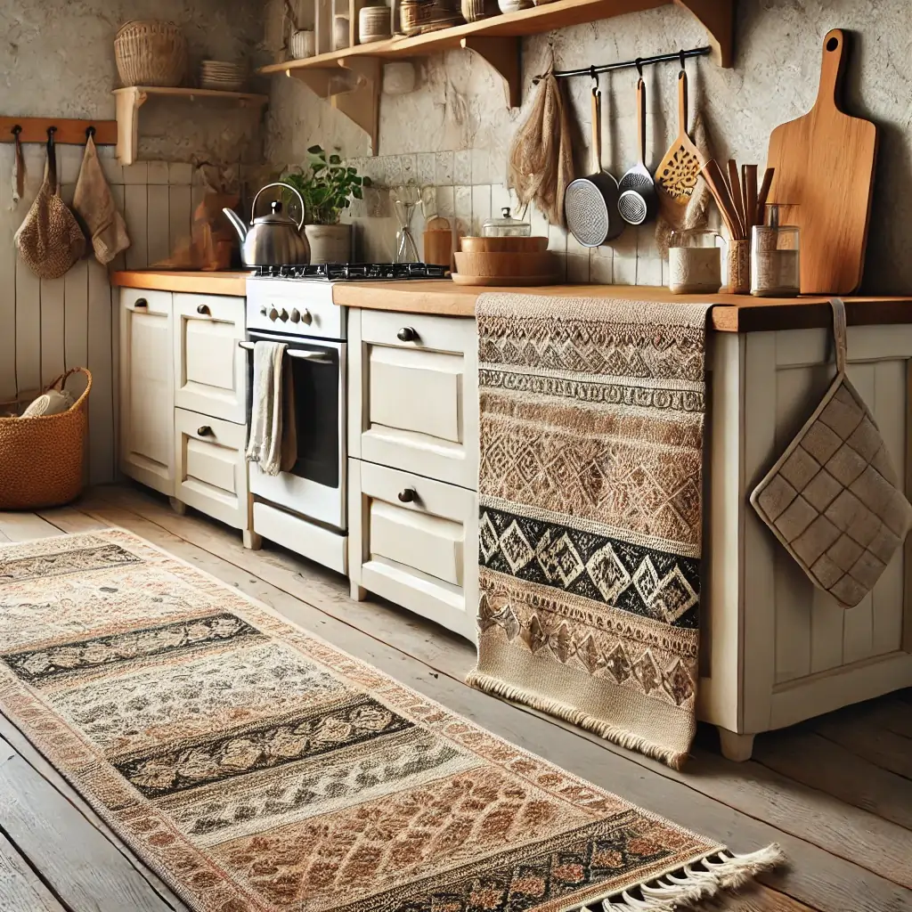 kitchen runner in a vintage pattern placed along the floor