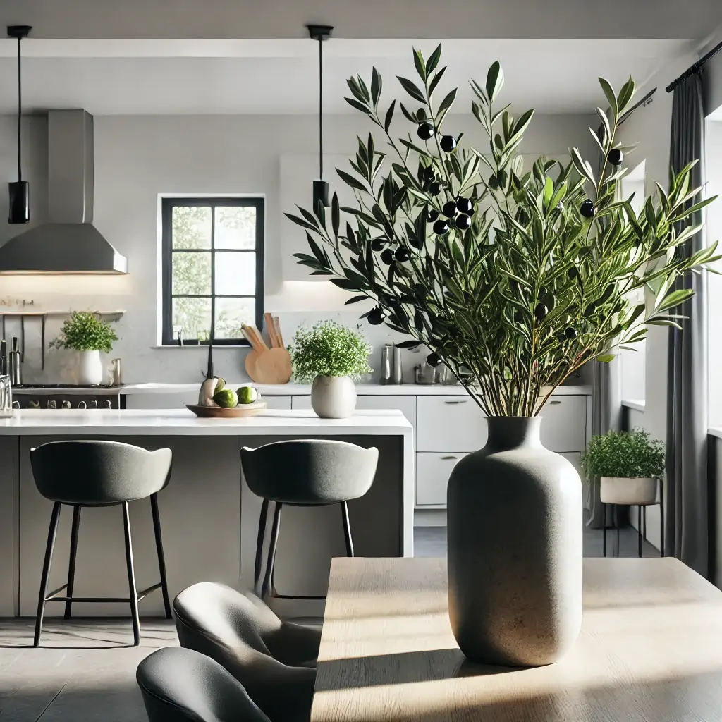 
 A vase with olive stems on a kitchen island