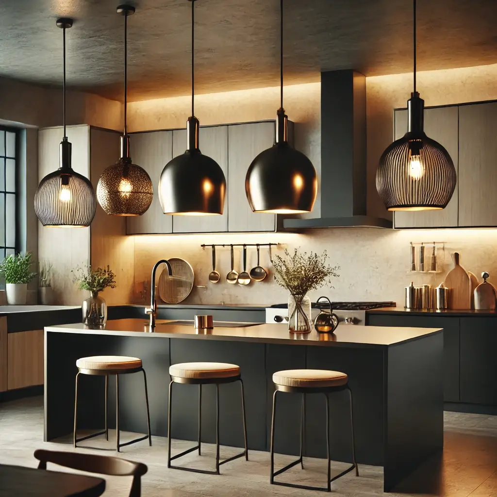 Stylish pendant lights hanging above  kitchen