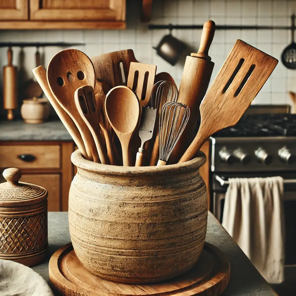 Rustic utensil crock filled with wooden utensils on a kitchen counter