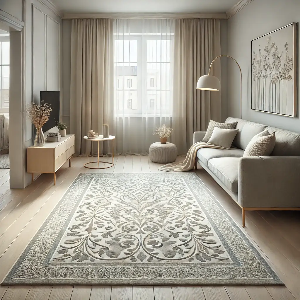  A light-colored rug with a subtle pattern on hardwood floor