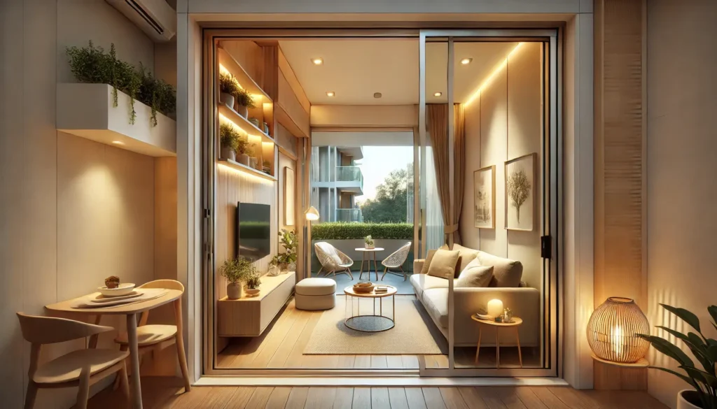  A small living room that opens onto a patio