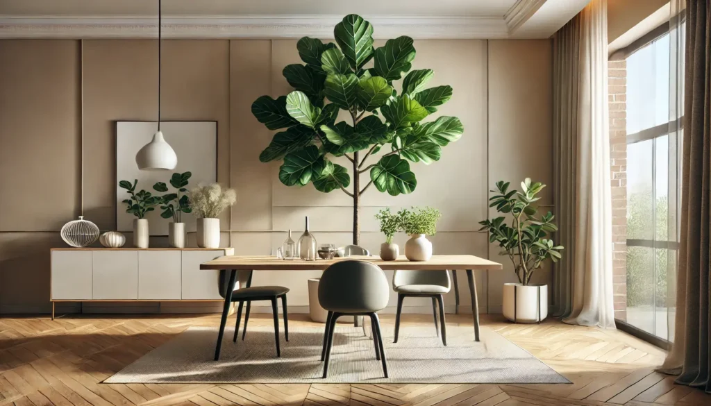 Dining room with a tall plant over dining table