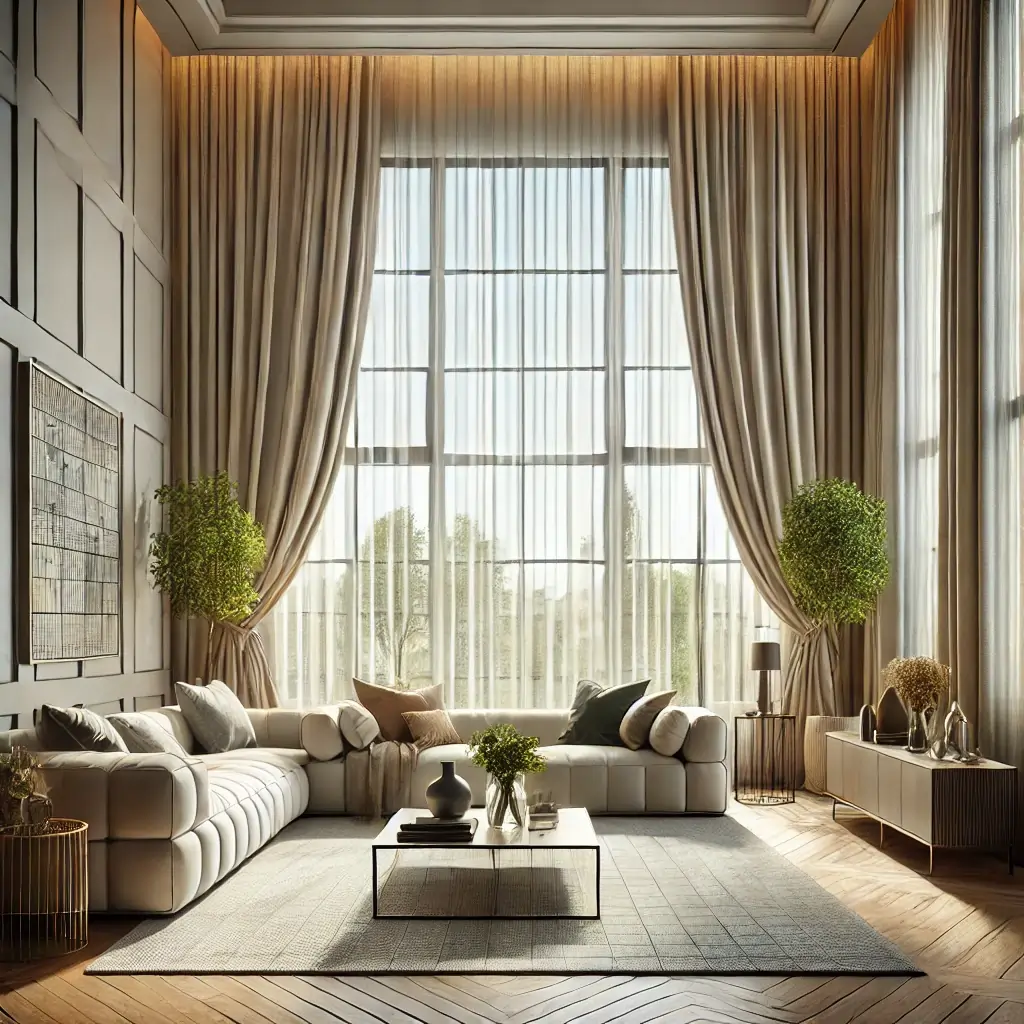 Floor-length curtains framing large windows in a living room