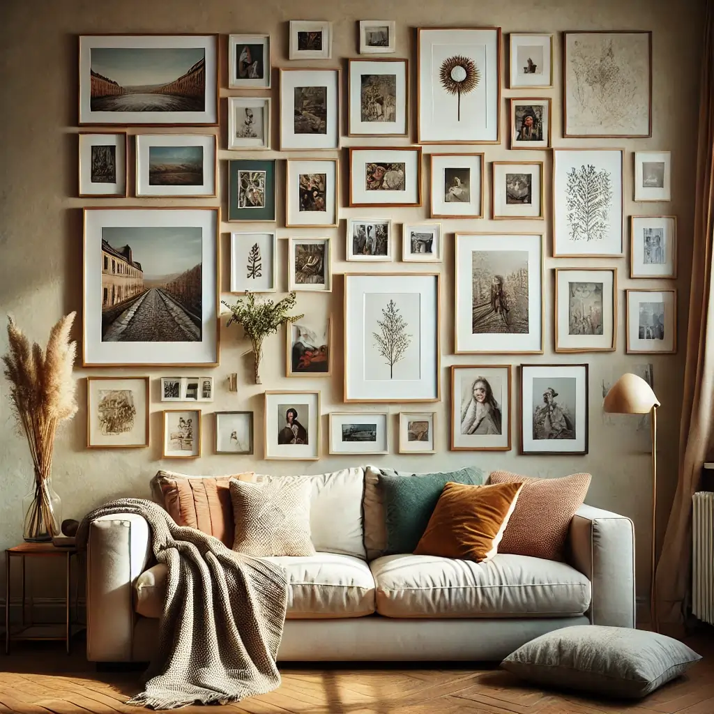 Gallery wall displaying family photos and art