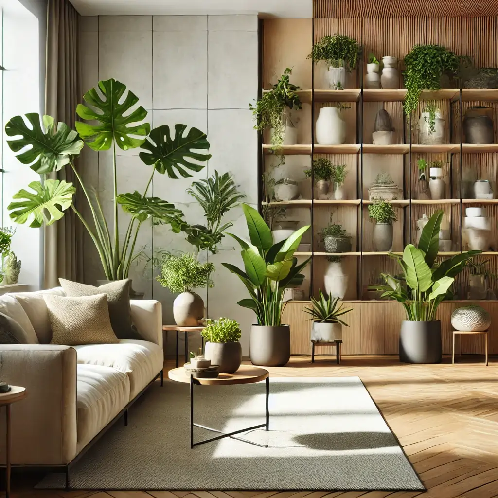 Indoor plants on shelves and a side table