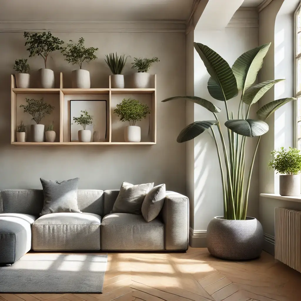 Living room with a tall plant and smaller plants