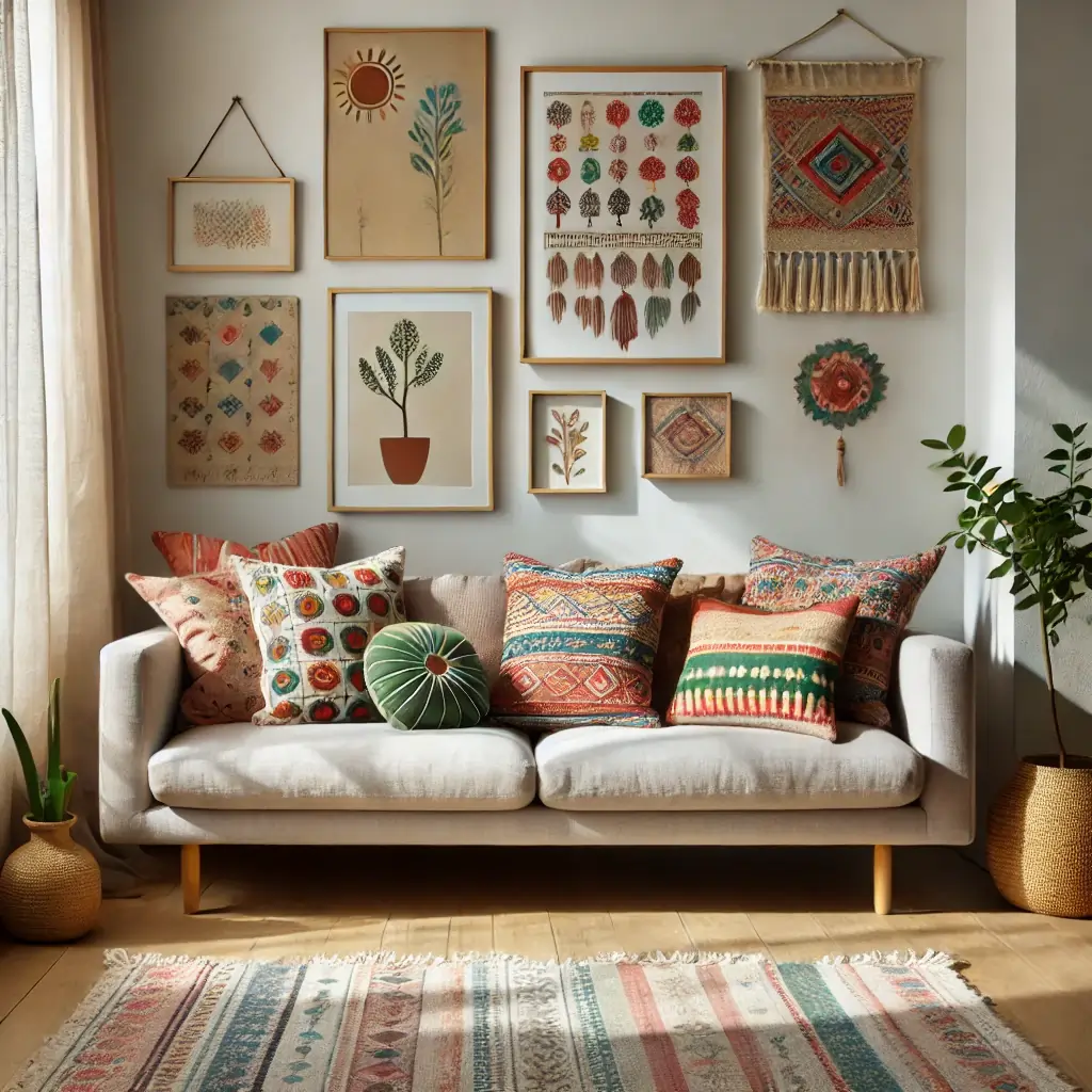 Room with a simple sofa, patterned cushions and wall art