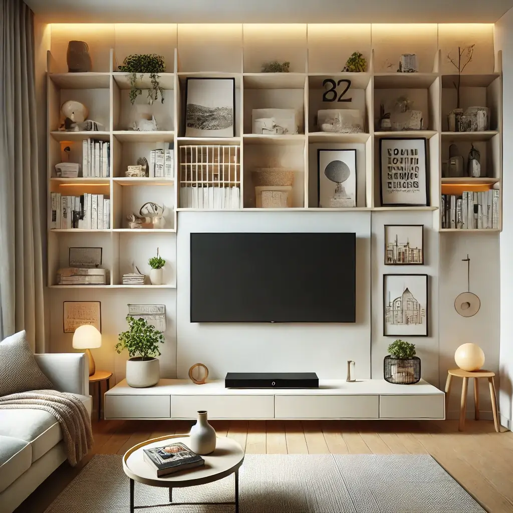 Wall-mounted TVs and floating shelves display decorative items