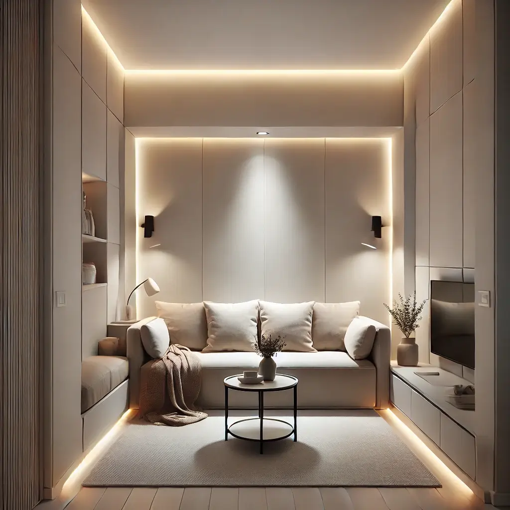 Wall-mounted sconces illuminate the seating area