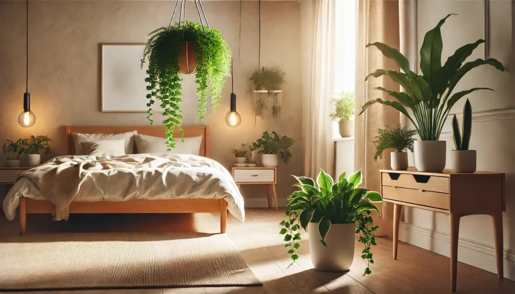 bedroom with a small plant hanging near the bed 