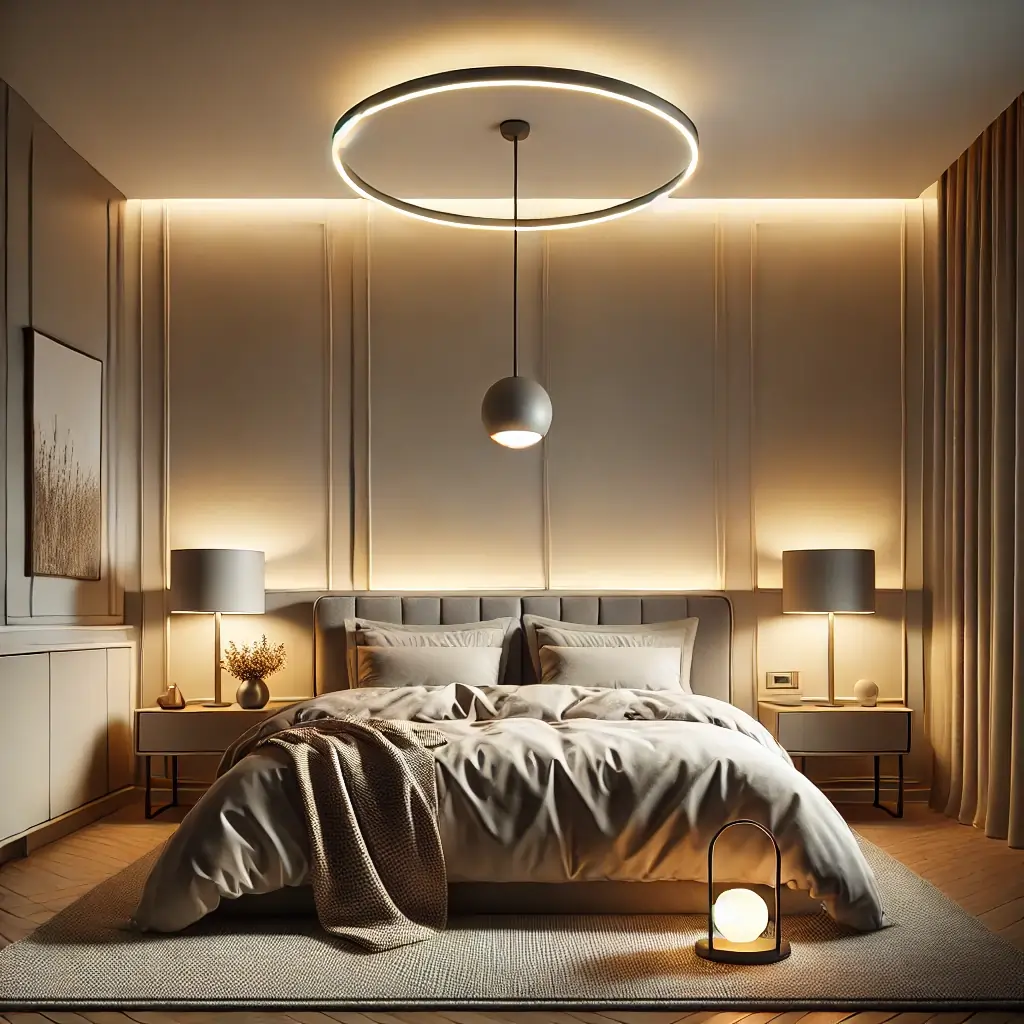 Bedroom with bedside lamps, pendant lights, and subtle accent lighting