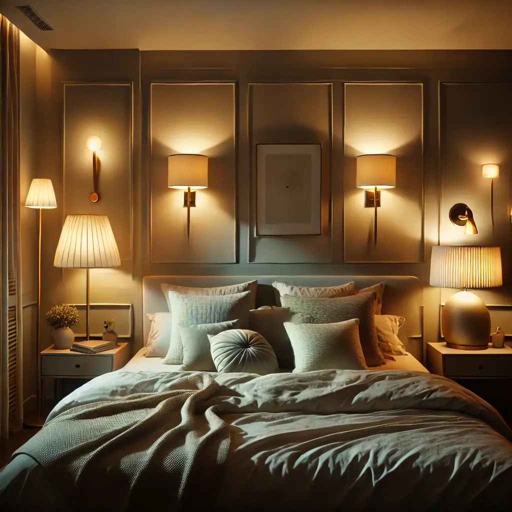 bedroom with multiple warm lighting