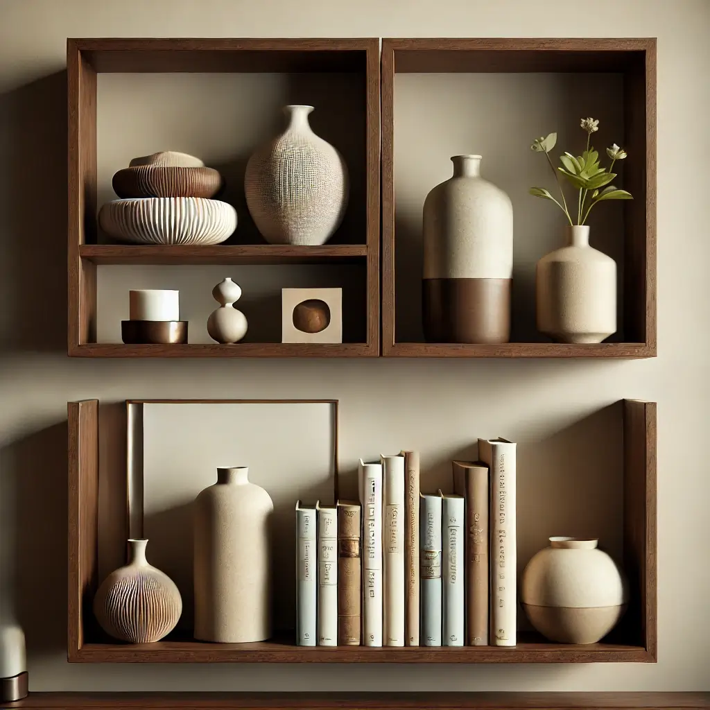 bookshelf with decorative vases and books