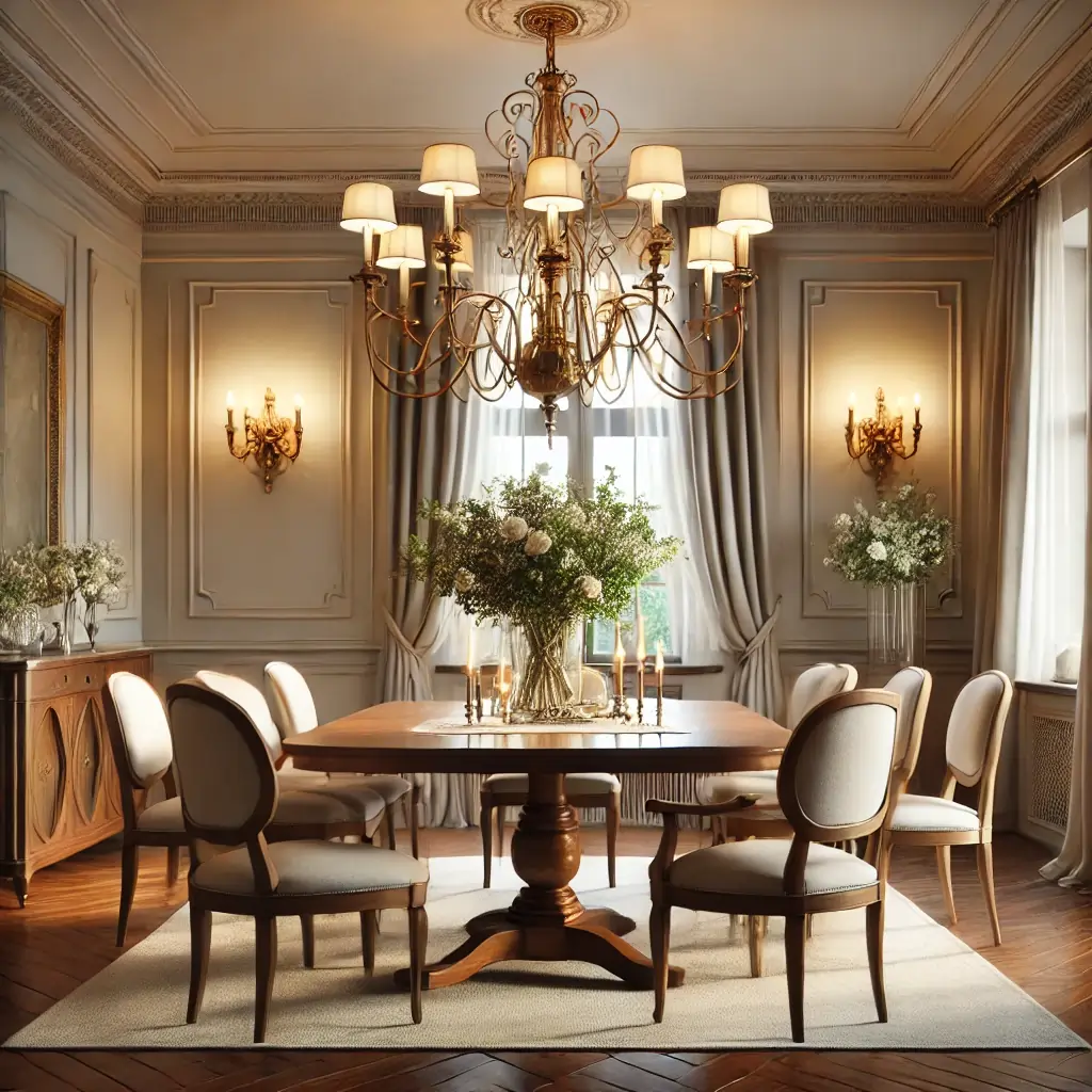 cozy dining room with a brass chandelier