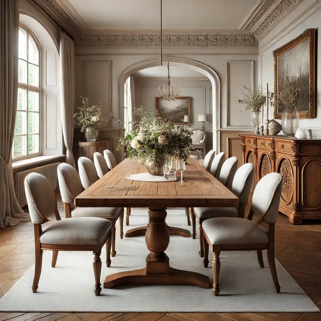 dining room with wood table and vintage buffet