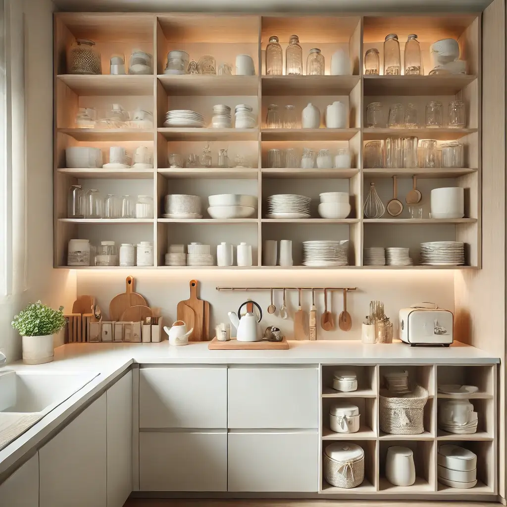 kitchen with shelves displaying white utensils, glass jars