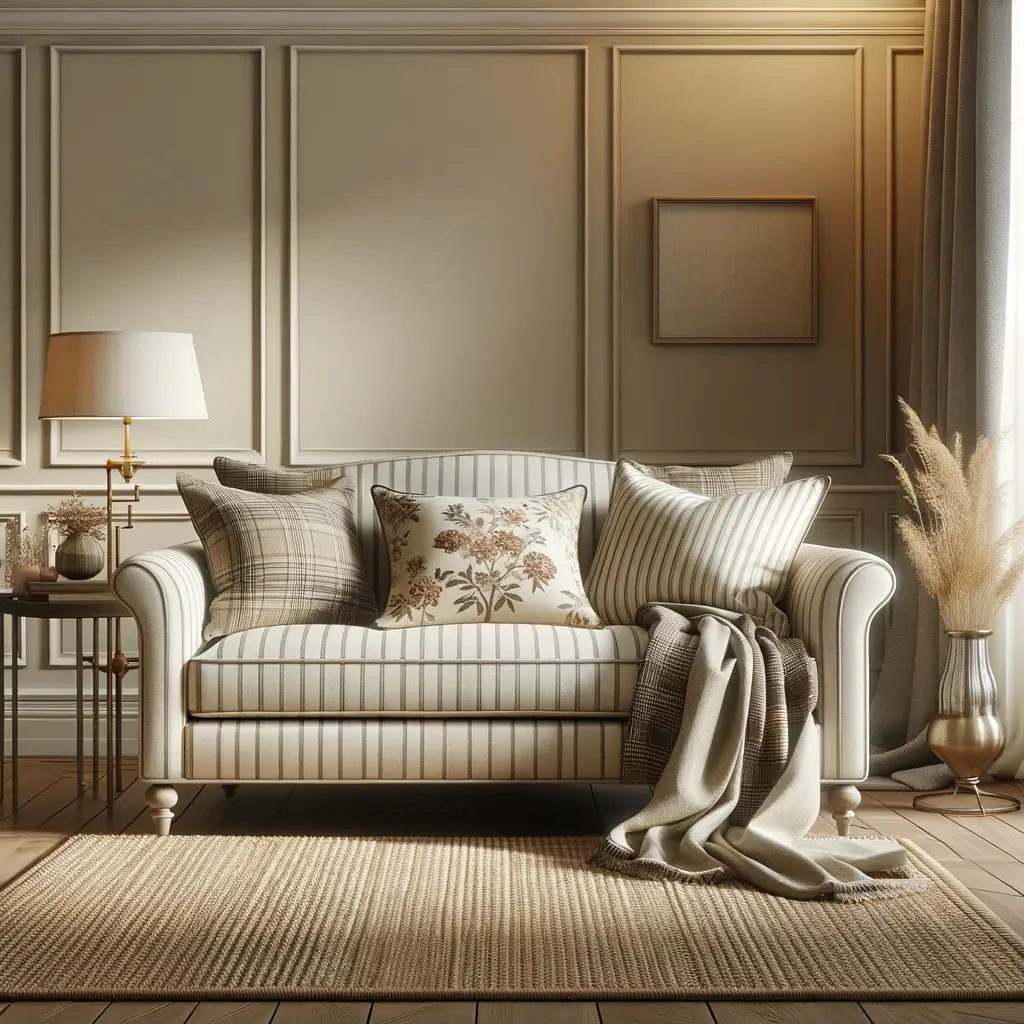 living room with a striped sofa, plaid throw blanket, and floral cushion