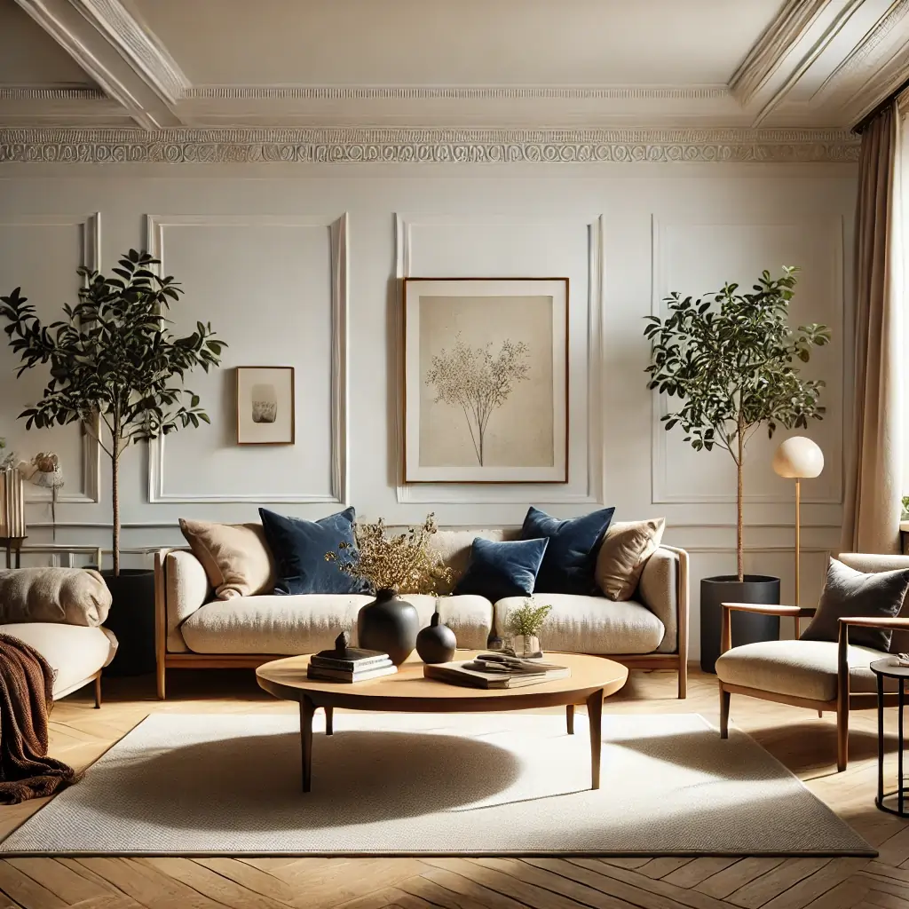 living room with wooden coffee table, and navy cushions