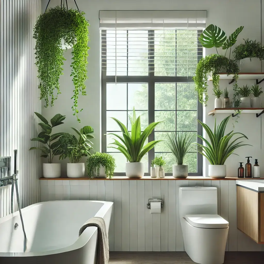 plants on windowsill and above the bathtub