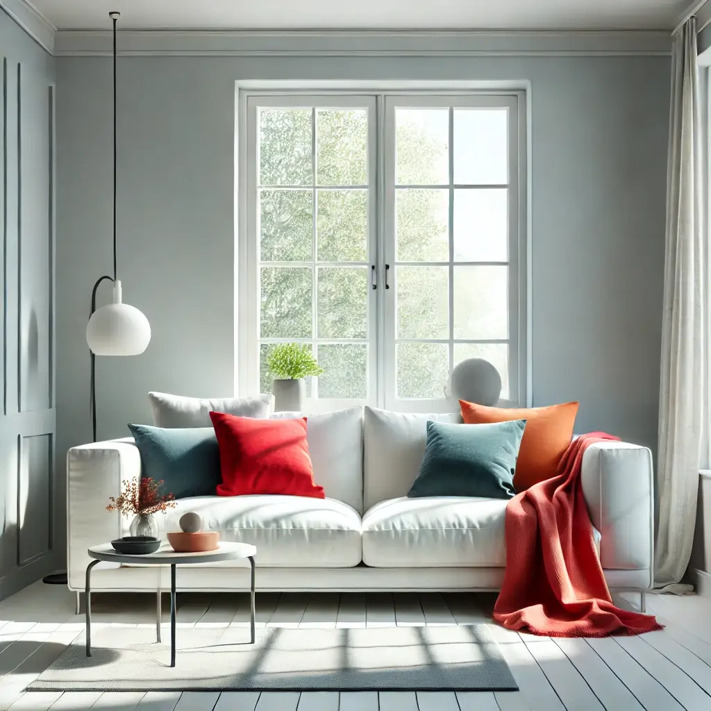 
Living room with light gray walls and a white sofa