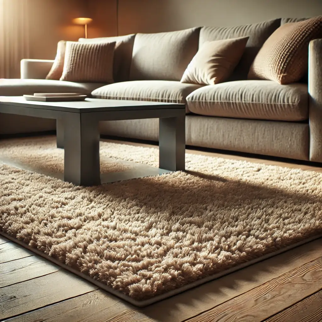 rug underneath a coffee table, with a sofa