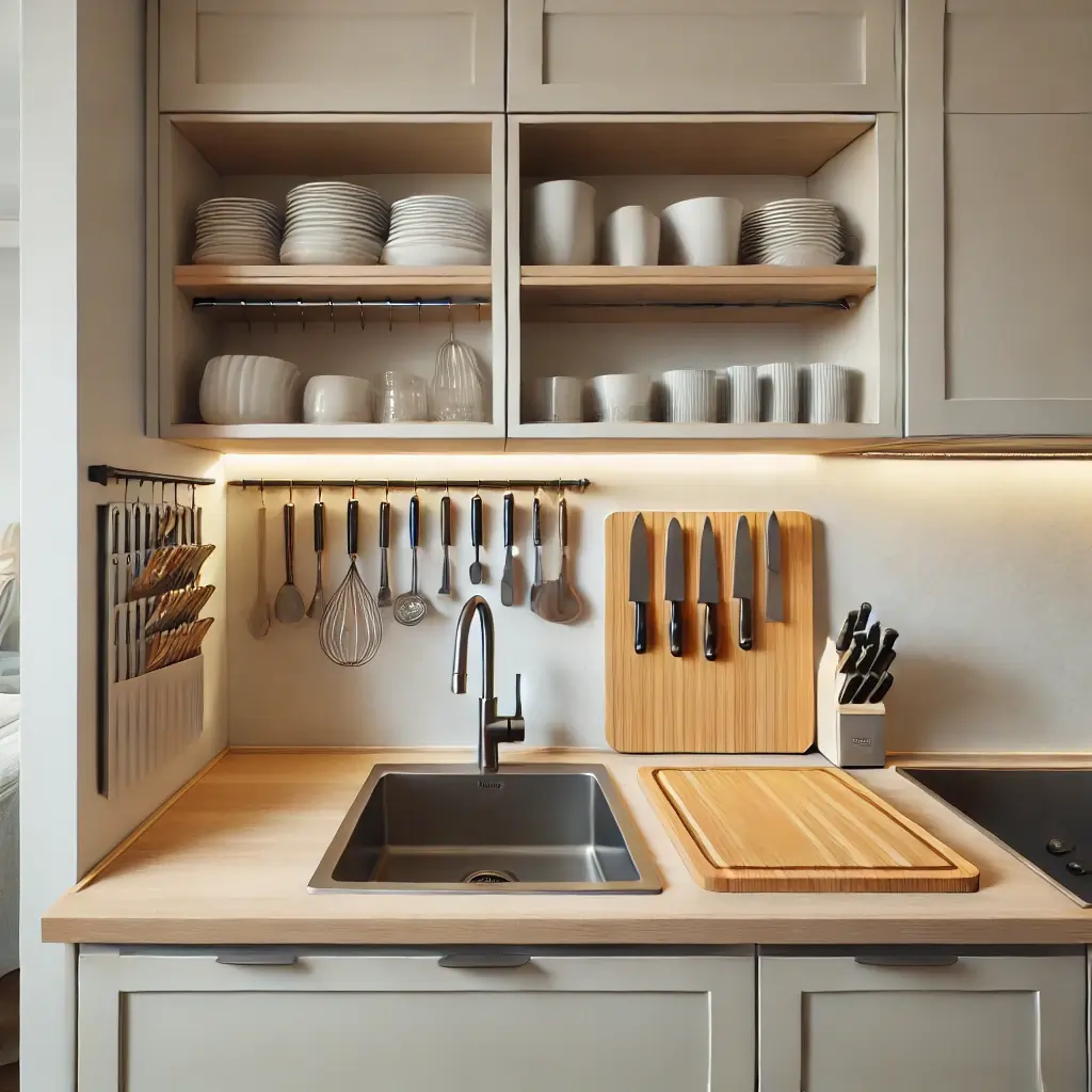 small kitchen counter with sink, knives