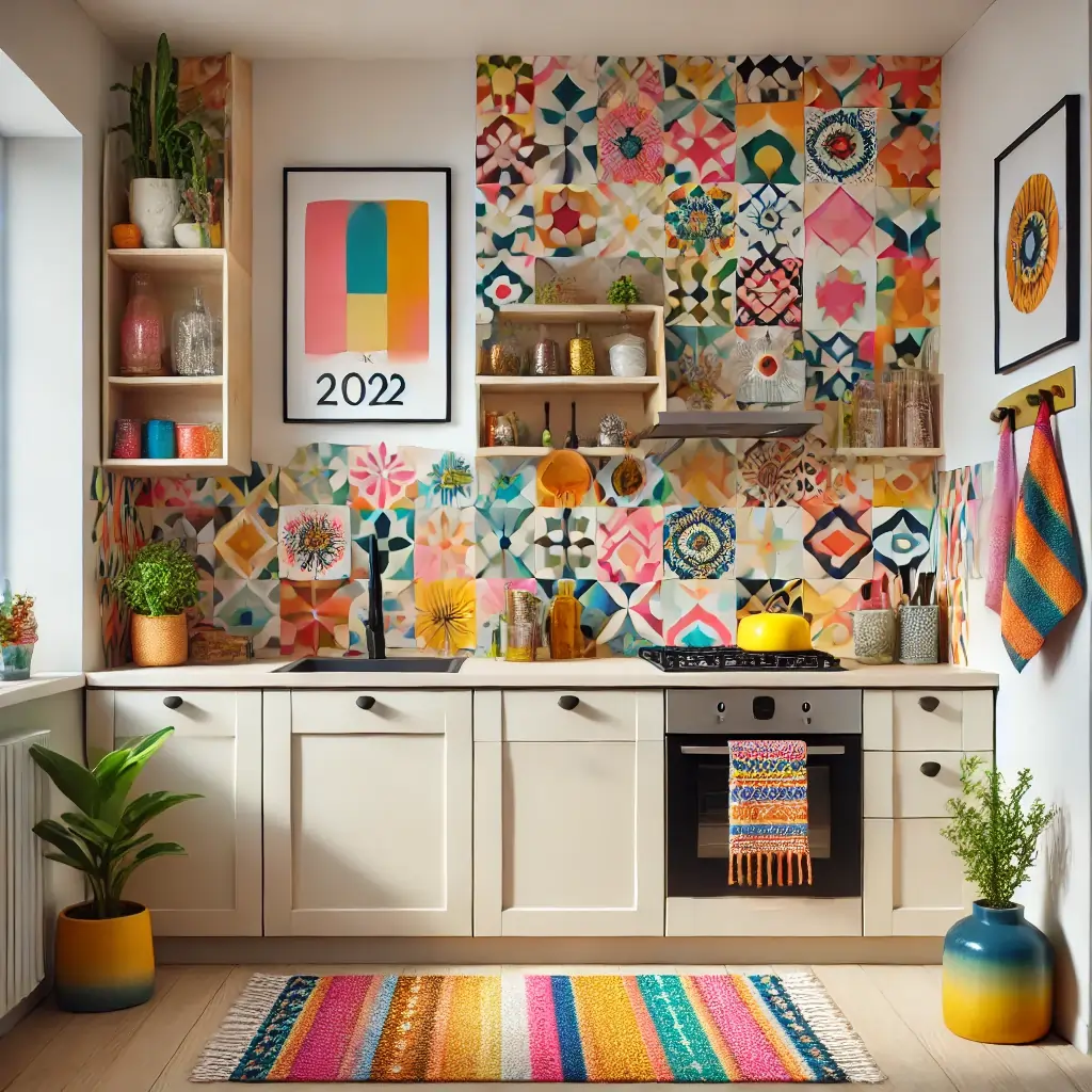 small kitchen with colorful rug and hanging artwork