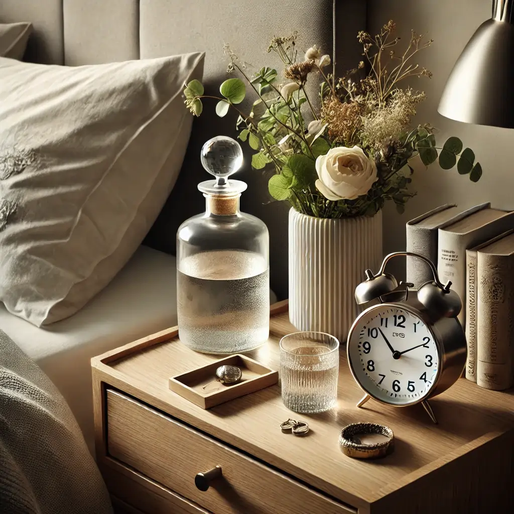 Table with water decanter, alarm clock, and a vase of flowers