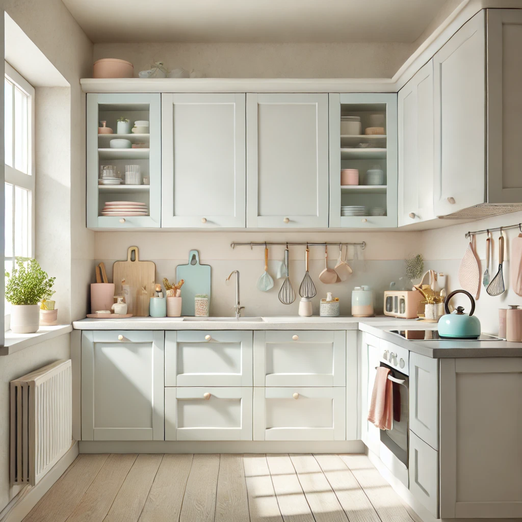 white colored wall kitchen with accessories