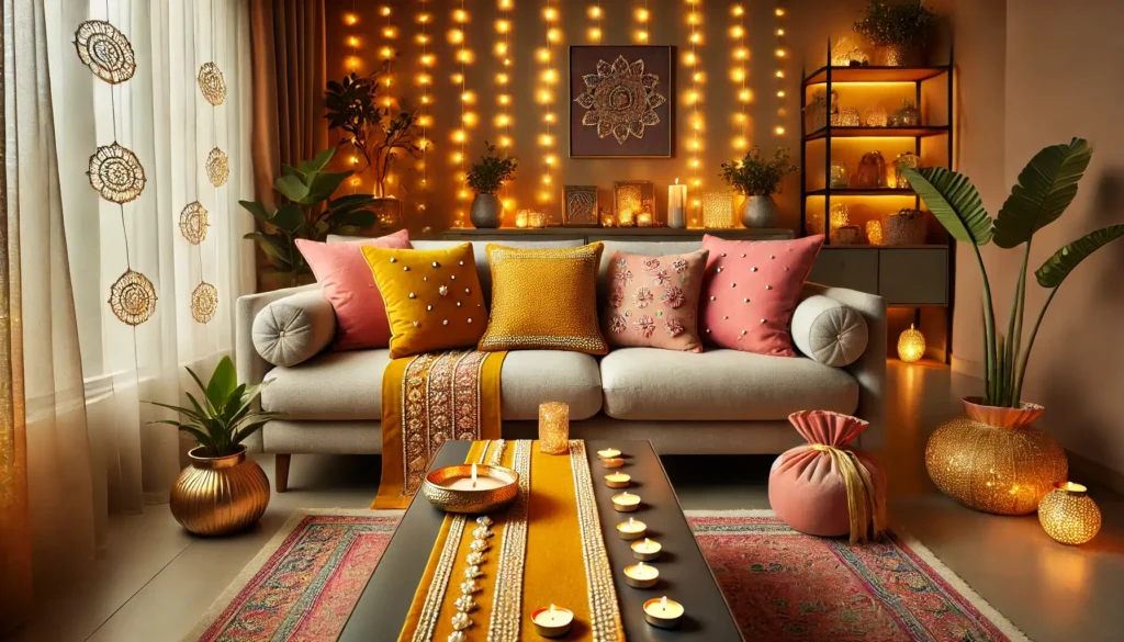 mustard and pink cushions arranged neatly on sofa