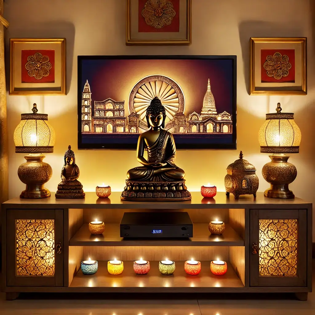 Buddha statue on TV with glowing tea lights