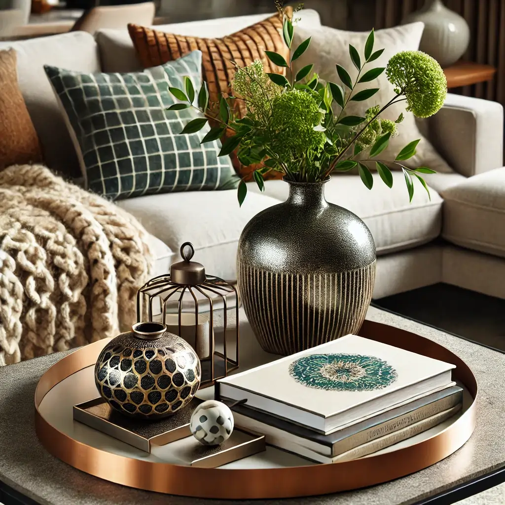 coffee table featuring a mixture of shiny ceramic vases