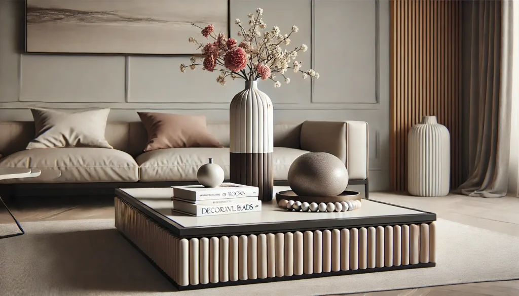 coffee table featuring a tall ceramic vase filled with flowers,