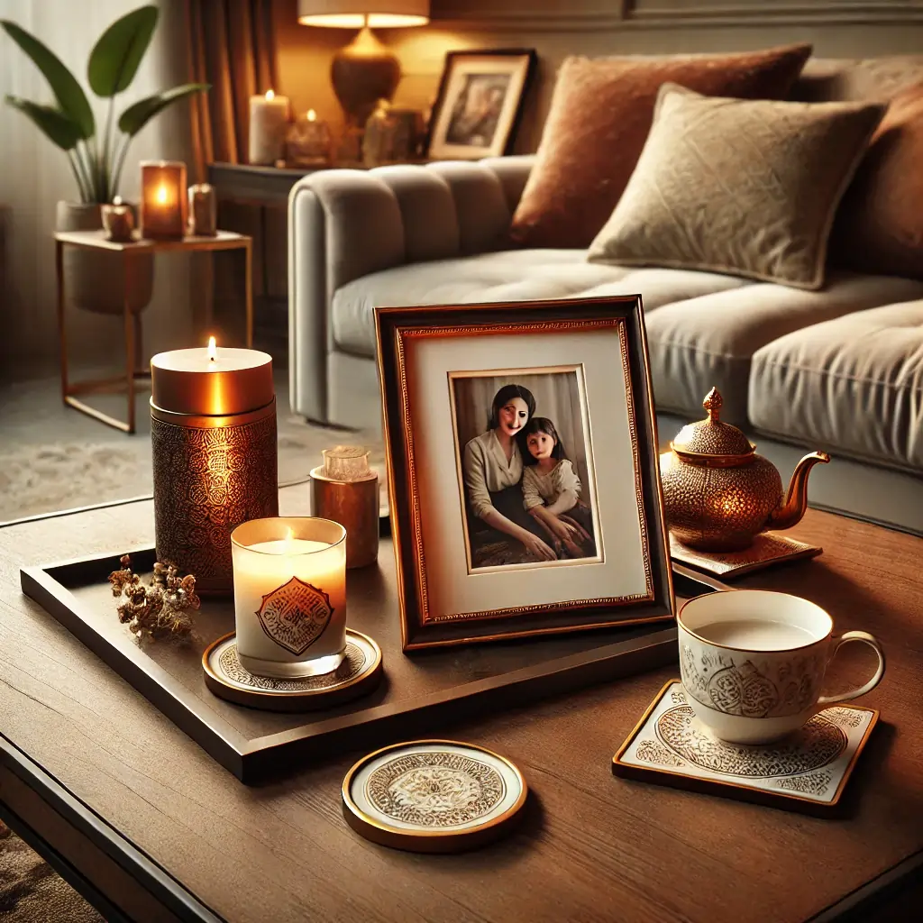 coffee table scene featuring photo, coasters, and candle