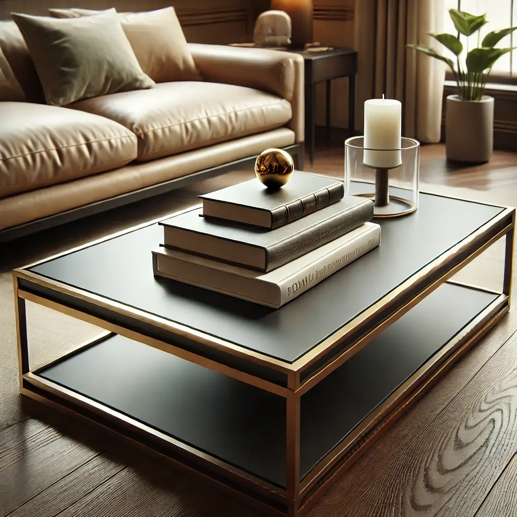 coffee table with books topped with gold sculpture