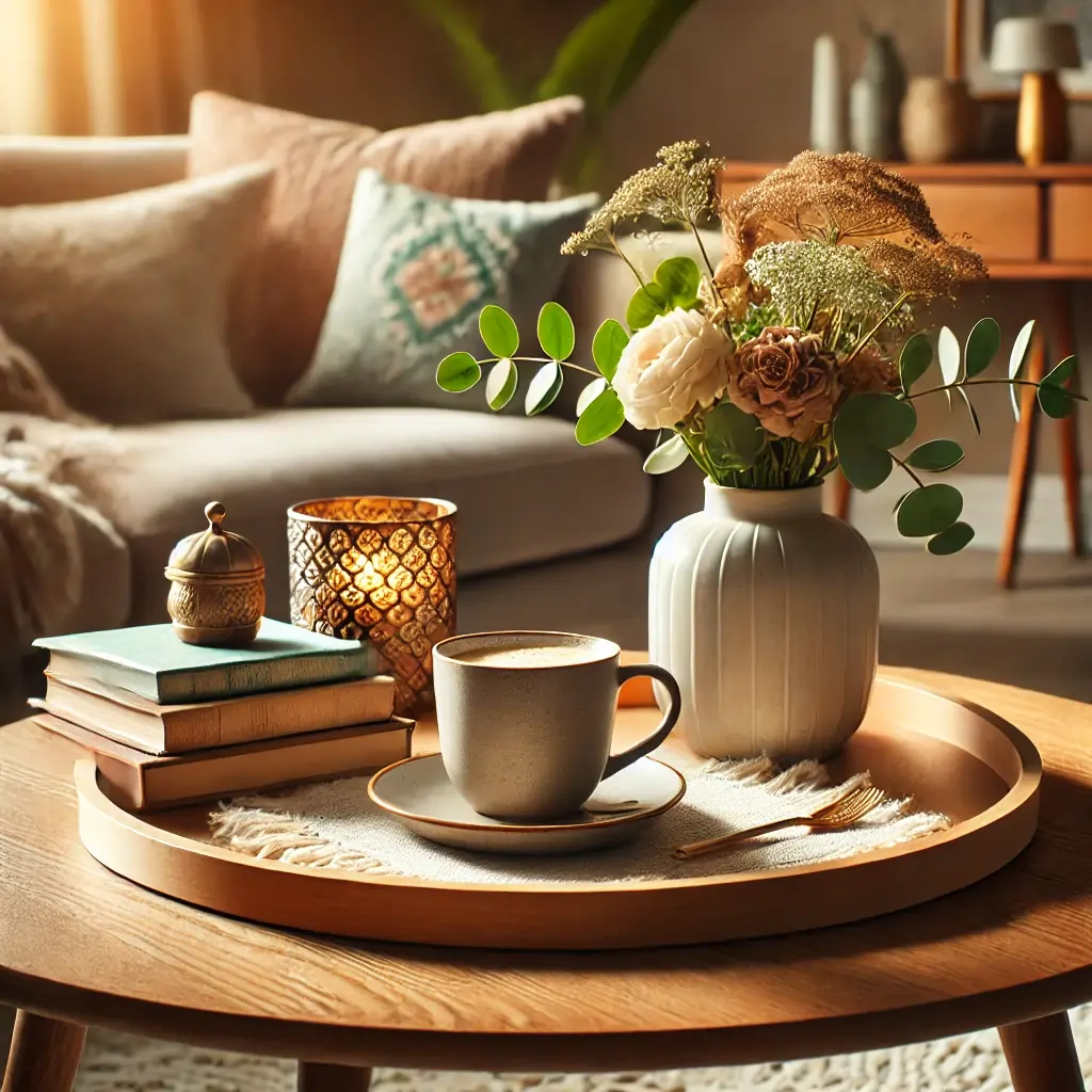 coffee table with tray, flower vase, books candle