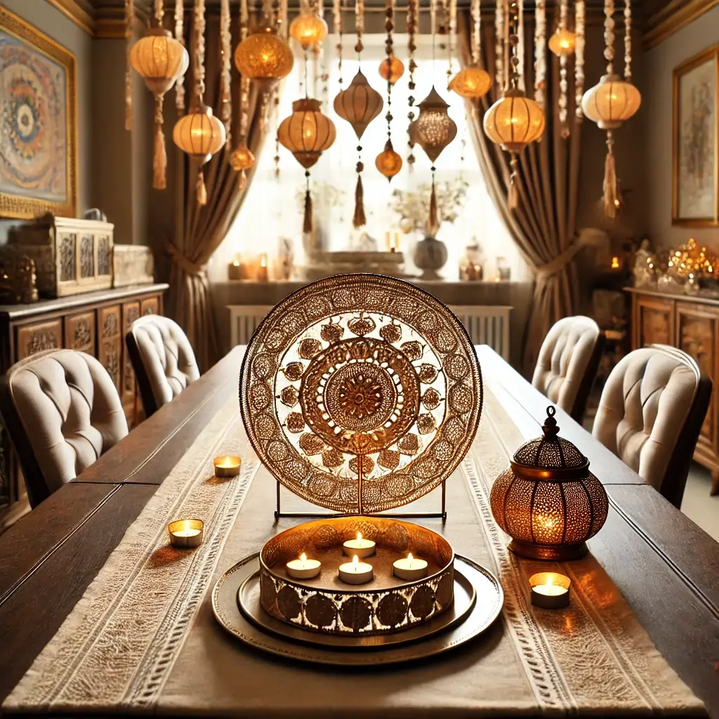 dining table with a beige runner and Kundan-work centerpiece